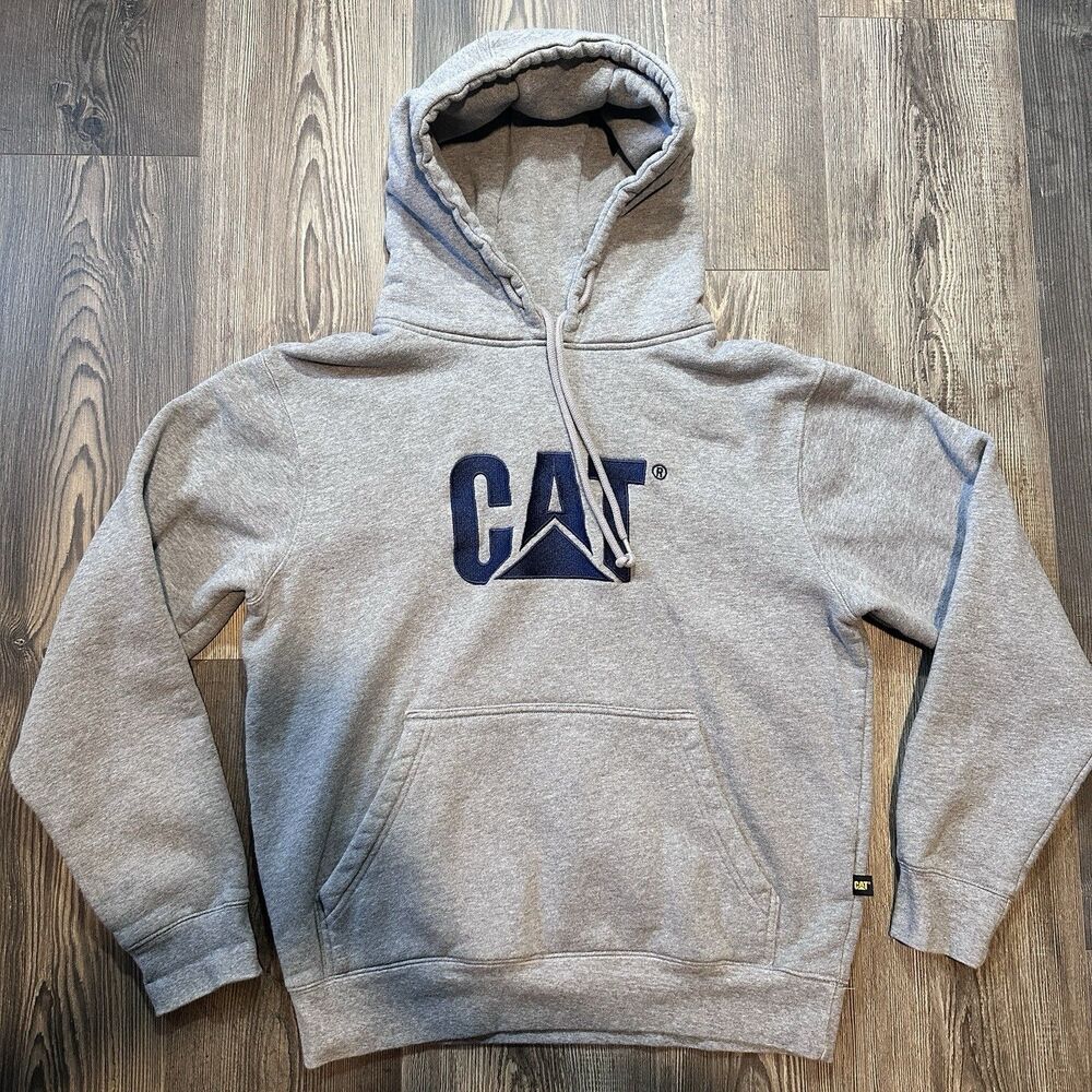 CAT Caterpillar Hoodie Mens Small Gray Fleece Pullover Logo Sweatshirt Workwear